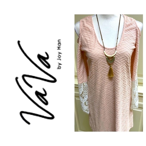 Vava x Joy Han Crochet Lace Sleeve Midi Sheath Dress Apricot Sexy Cutouts - Picture 5 of 14